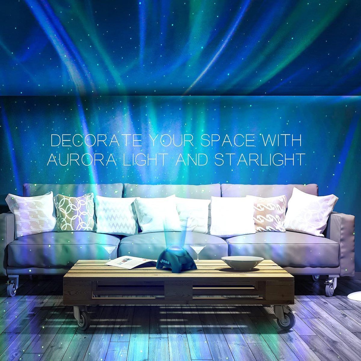 Aurora light filling a living room above a sofa