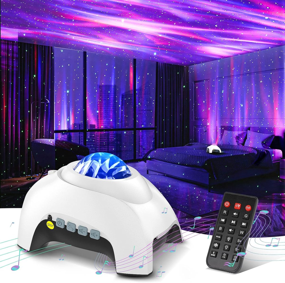 Aurora projector, white finish, projecting onto a bedroom ceiling