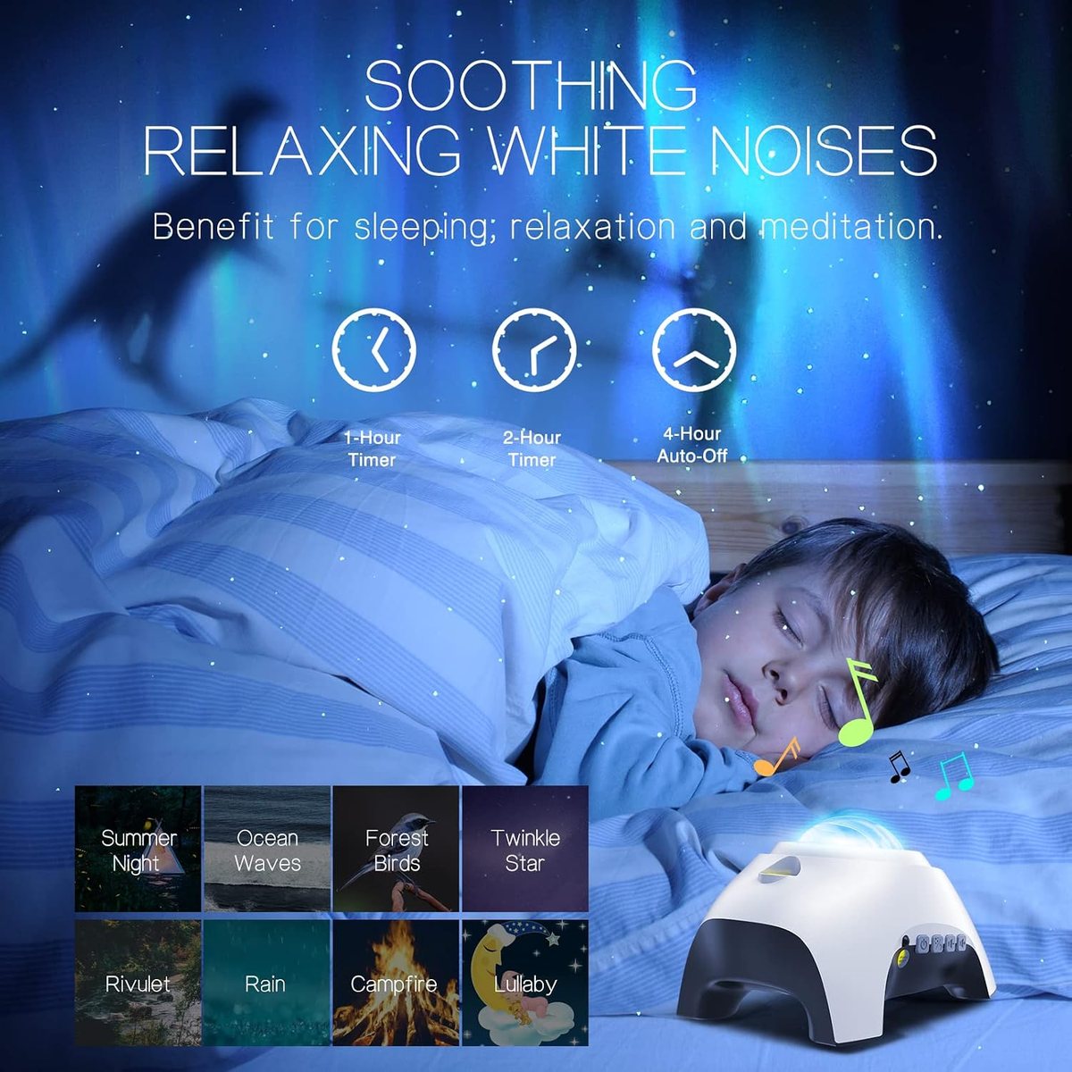 Child asleep with the white noise sound options